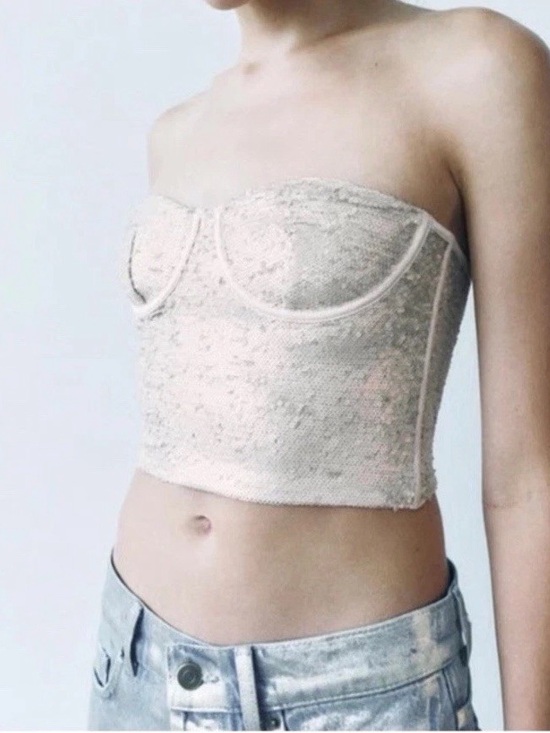 Zara Tops - Zara Champagne Sequin Corset Bustier Crop Top Strapless L NWT